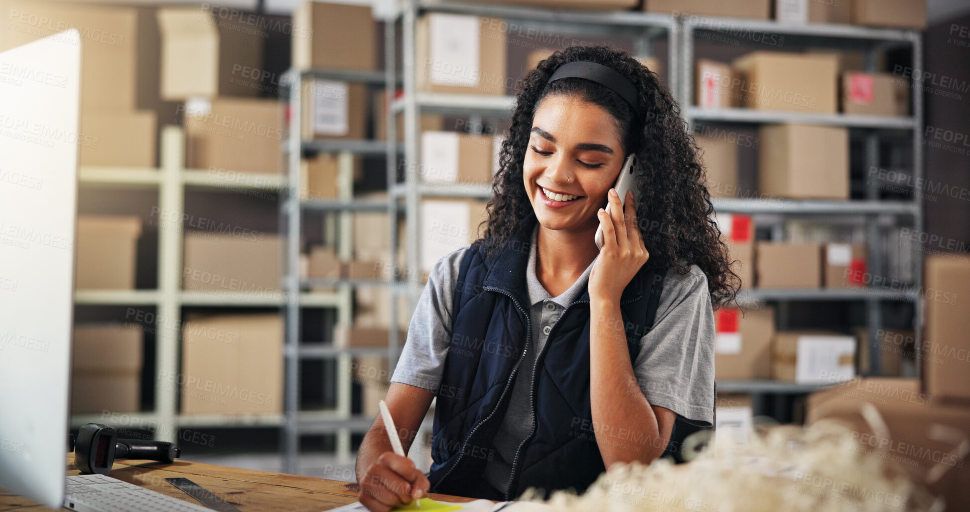 Buy stock photo Logistics, notes and courier with phone call for delivery, distribution and inventory for ecommerce. Woman, warehouse and supply chain with distributor for order planning, shipping or supplier stock