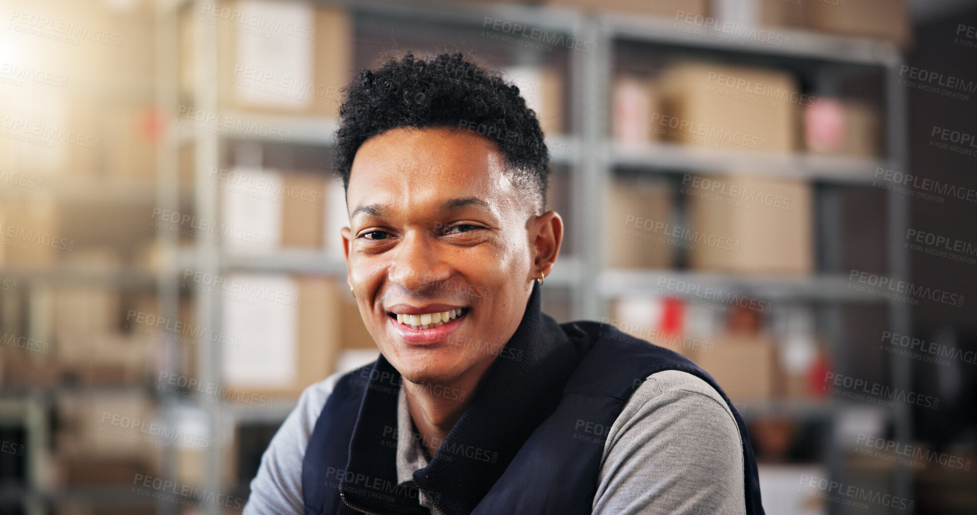 Buy stock photo Logistics, distribution and man with portrait in warehouse for courier service, supply chain and inventory management. Ecommerce, worker and happy for package shipment, delivery tracking and supplier
