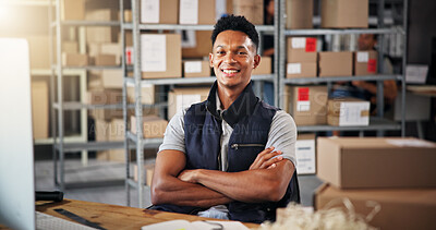 Buy stock photo Portrait, logistics and man with arms crossed, boxes and smile with ecommerce, delivery and warehouse. Freight service, happy person and employee with pride, distribution center and supply chain