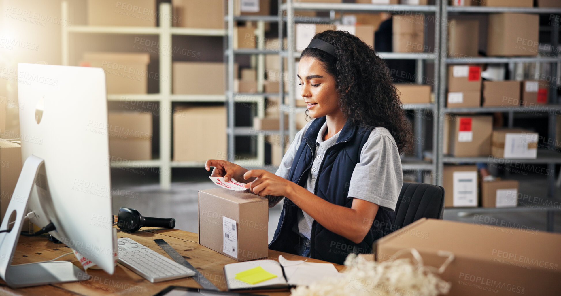 Buy stock photo Woman, sticker and box for warehouse distribution of packaging, inventory management and receipt. Person, computer and parcel with label of payment invoice, quality assurance and shipping information