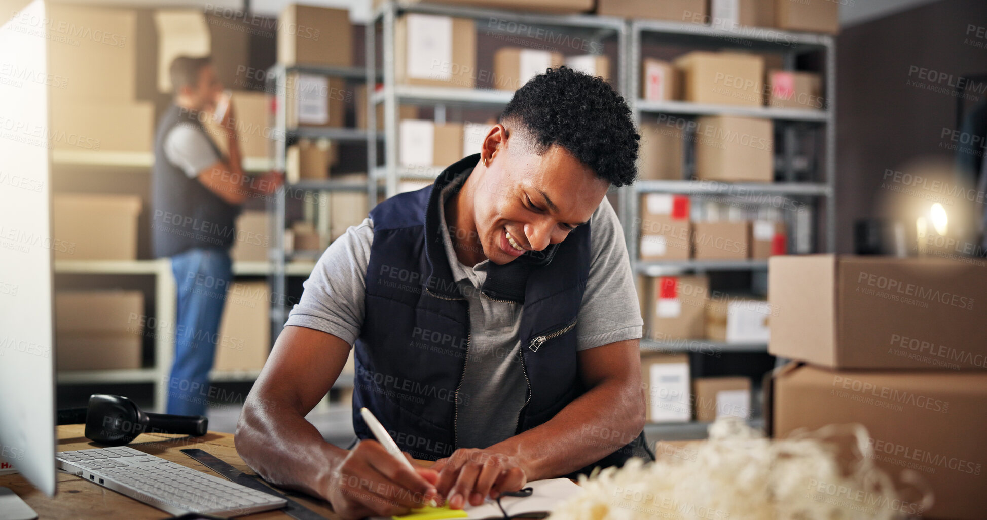 Buy stock photo Phone call, warehouse and man writing for shipping label, delivery and distribution business. Ecommerce, supply chain and person with boxes talking for logistics, manufacturing and courier services