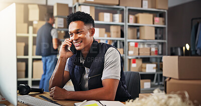 Buy stock photo Phone call, warehouse and man on computer for shipping, delivery and distribution business. Ecommerce, supply chain and person with boxes talking for logistics, manufacturing and courier services