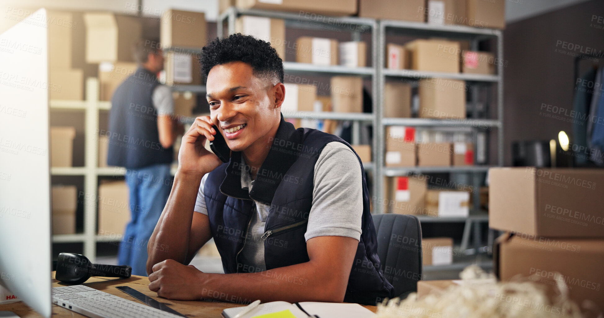 Buy stock photo Phone call, warehouse and man on computer for shipping, delivery and distribution business. Ecommerce, supply chain and person with boxes talking for logistics, manufacturing and courier services