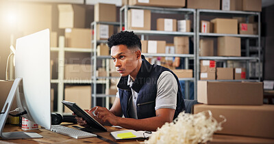 Buy stock photo Computer, supply chain and tablet with man in distribution warehouse for inventory or stock update. Boxes, checklist and logistics with employee in office for delivery, ecommerce or shipping schedule