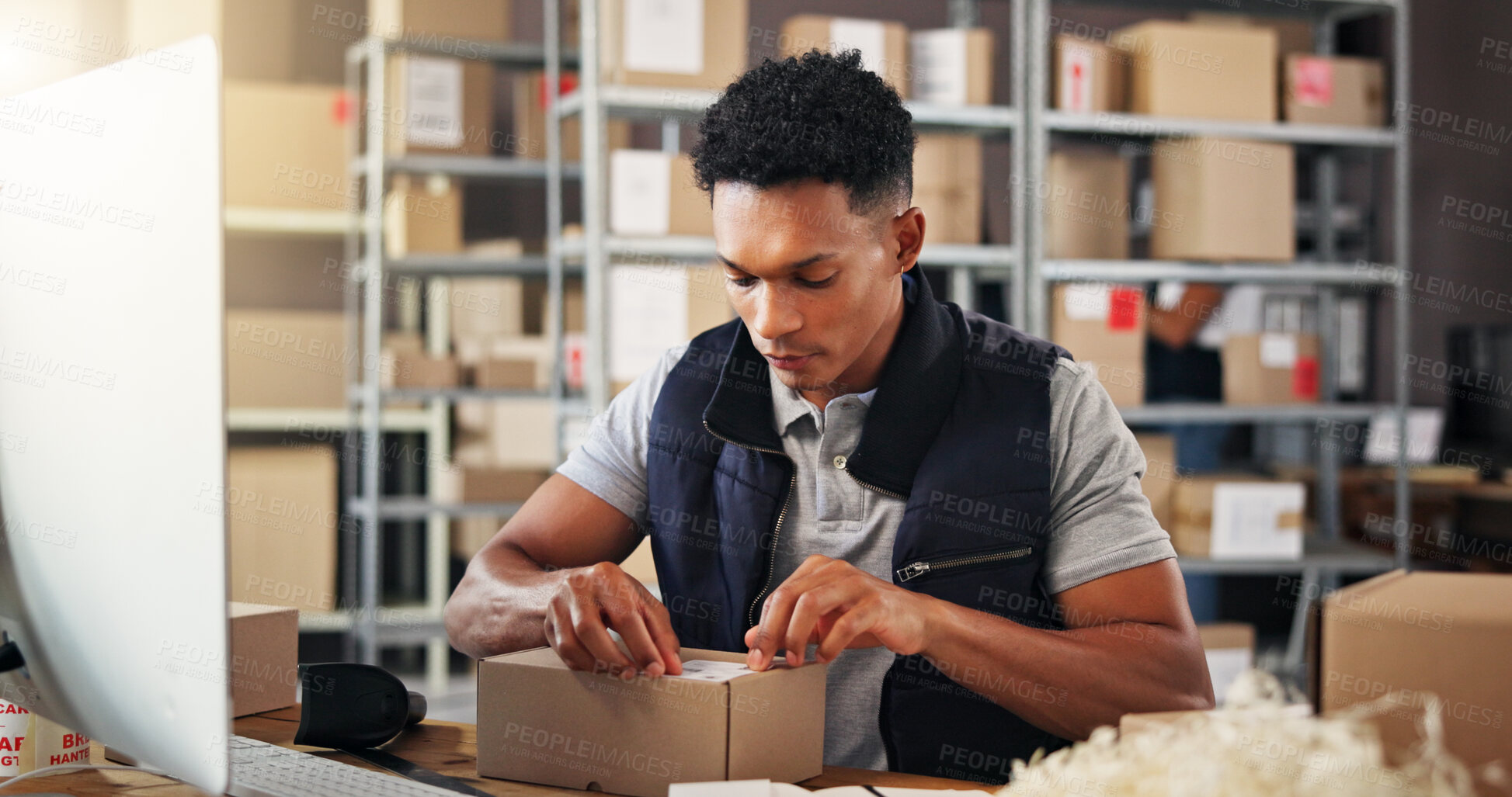 Buy stock photo Man, label and box for warehouse distribution for packaging, inventory management and receipt. Person, computer and parcel with sticker for payment invoice, quality assurance and shipping information