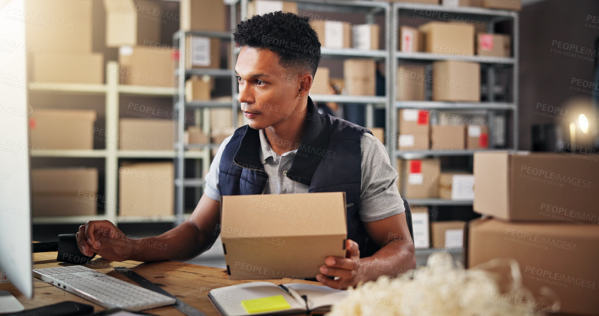Buy stock photo Man, check and computer with box for distribution of inventory management, online order and stock. Person, package and feedback for supply chain, quality control and information for delivery schedule
