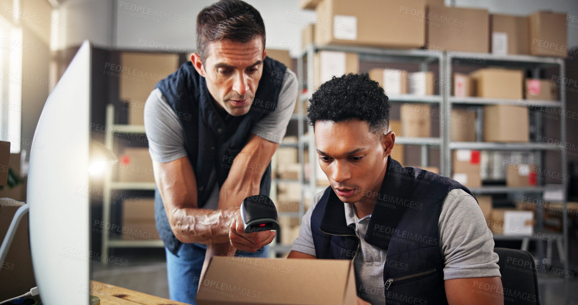 Buy stock photo Teamwork, scanner and box for warehouse distribution of inventory management, order barcode or stock. Men, computer and package for reading pricing, quality assurance or label of shipping information