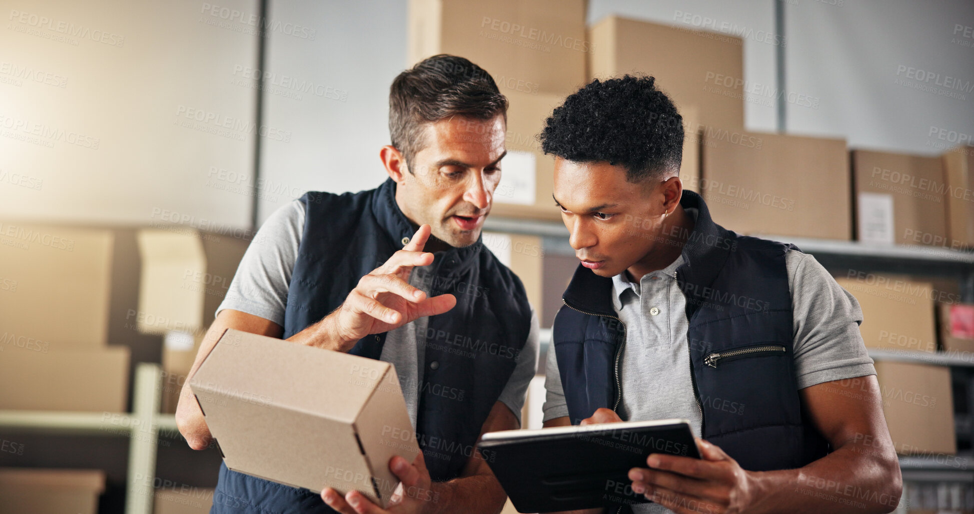 Buy stock photo Men, check and box with tablet for distribution for inventory management, online order and stock. People, package and planning with supply chain, quality control and information for delivery schedule