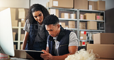 Buy stock photo Logistics, people and business with tablet for discussion, checking stock and inventory research. Team, employee and supply chain manager with tech to monitor distribution, order or website in office