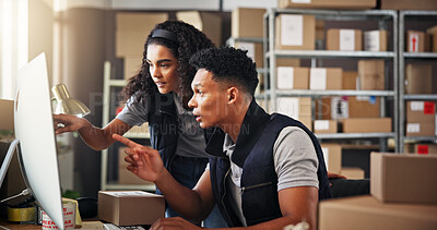 Buy stock photo Logistics, business people and teamwork with computer for discussion, check stock or inventory research. Collaboration, man or woman with tech to monitor distribution, supply chain or point in office