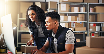 Buy stock photo Supply chain, business people and teamwork with computer for service, check stock and inventory research. Collaboration, woman and man with tech to monitor distribution, logistics or typing in office