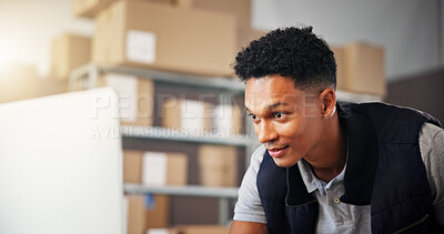 Buy stock photo Boxes, logistics and man in warehouse, computer and online order with shipping, export and distribution. Website info, person and employee with pc, check inventory and ecommerce with supply chain