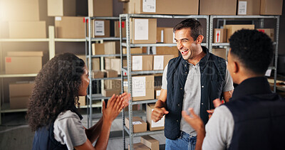 Buy stock photo Logistics, people and applause for meeting, shipping and production with supply chain goals and courier. Group, collaboration and distribution trade for factory, warehouse or industry service