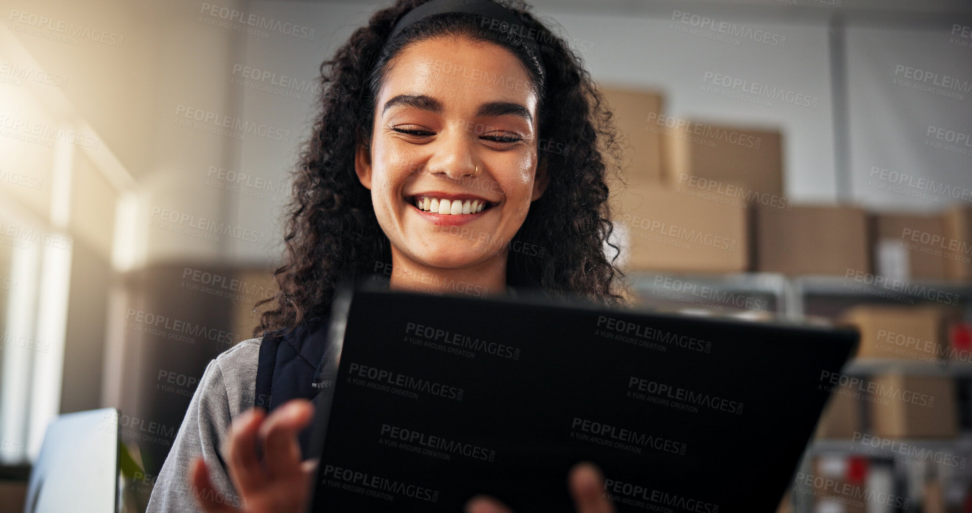 Buy stock photo Smile, woman and tablet with boxes for delivery, online logistics and distribution in warehouse. Happy, person and digital information for ecommerce supply chain, package tracking and stock inventory