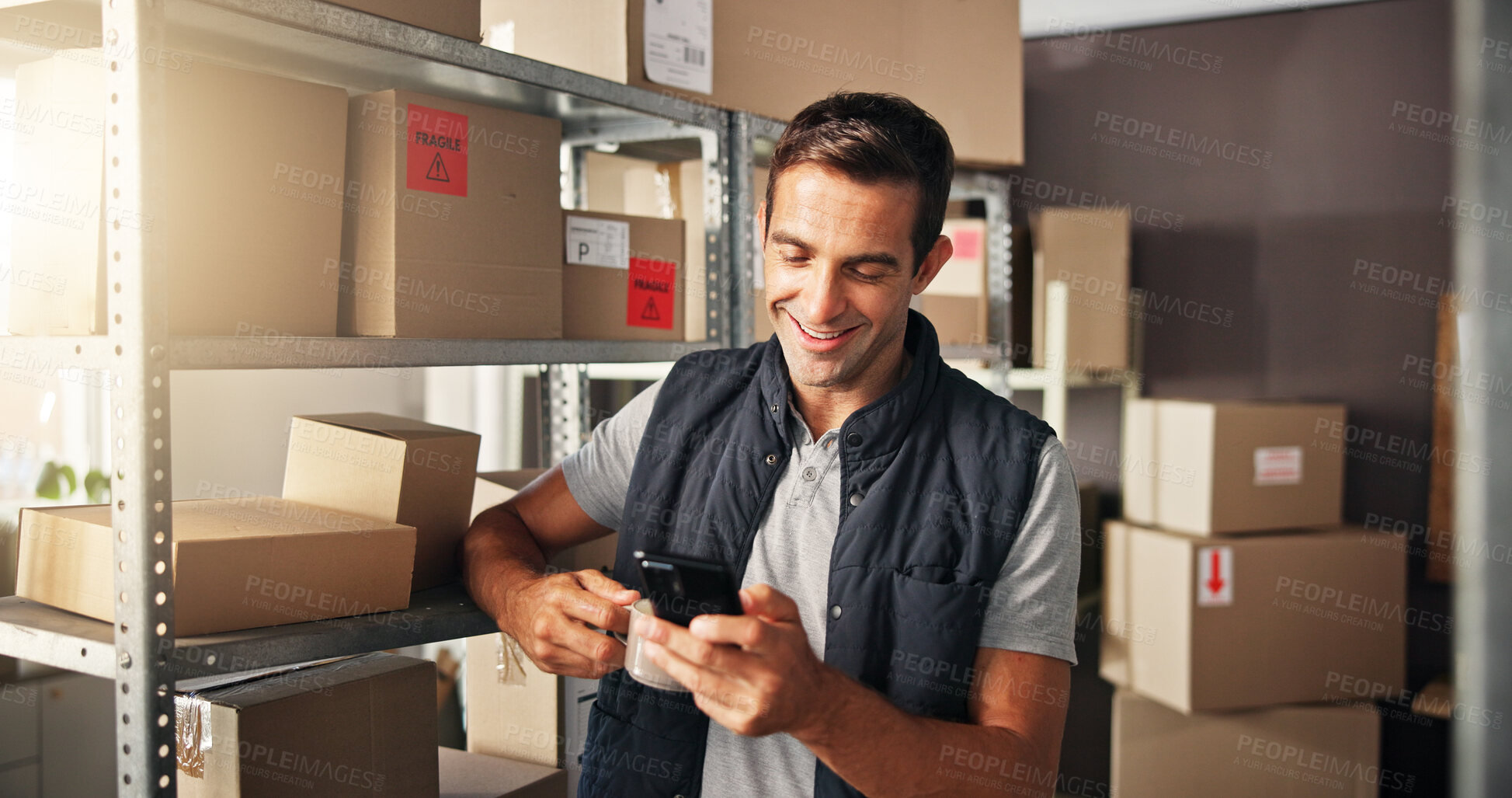 Buy stock photo Warehouse, man and phone for message, logistics and production order for quality control or shipping. Courier, technology and distribution for trade or factory, supply chain and ecommerce industry