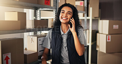 Buy stock photo Woman, smile and phone call with logistics for inventory, delivery and supply chain for ecommerce. Courier, warehouse and employee with distributor for planning, shipping or supplier stock order