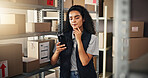 Supply chain, woman and phone with thinking, quality control and production for logistics or shipping. Courier, technology and distribution for trade or factory, warehouse and ecommerce industry