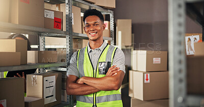 Buy stock photo Portrait, logistics and man in warehouse, arms crossed and smile with confidence, supply chain and boxes. Distribution center, person or employee with delivery, export and import with freight service