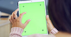 Green screen, tablet and hands of person online for website, internet search and networking. Mockup space, social media and digital tech with tracking markers for user interface, ux and advertising
