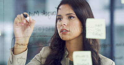 Buy stock photo Brainstorming, glass board and businesswoman in office for company investment planning. Strategy, research and female financial manager writing by wall for corporate finance proposal in workplace.