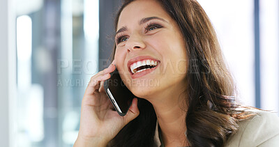 Buy stock photo Woman, business and happy in office with phone call, network or investment agreement. Entrepreneur, excited or tech in workplace for loan opportunity, positive feedback or contact for company growth