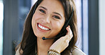 Woman, consultant or portrait in office with headset, virtual assistant or client support in call center. Agent, technology or smile in agency for contact, networking or friendly service at help desk