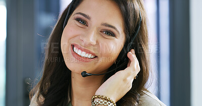 Buy stock photo Woman, consultant or portrait in office with headset, virtual assistant or client support in call center. Agent, technology or smile in agency for contact, networking or friendly service at help desk