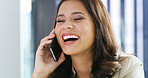 Woman, business and laugh in office with phone call, network or investment agreement. Entrepreneur, excited or tech in workplace for loan opportunity, positive feedback or contact for company growth