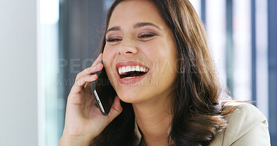 Buy stock photo Woman, business and laugh in office with phone call, network or investment agreement. Entrepreneur, excited or tech in workplace for loan opportunity, positive feedback or contact for company growth