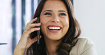 Woman, business and smile in office with phone call, network or investment agreement. Entrepreneur, happy or tech in workplace for loan offer, positive feedback or contact for new company opportunity