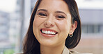 Laughing, happy and portrait of business woman in office for comic, professional and funny. Commitment, creative startup and comedy with female employee in agency for entrepreneur, pride and joke