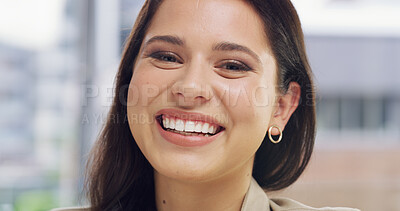 Buy stock photo Laughing, happy and portrait of business woman in office for comic, professional and funny. Commitment, creative startup and comedy with female employee in agency for entrepreneur, pride and joke