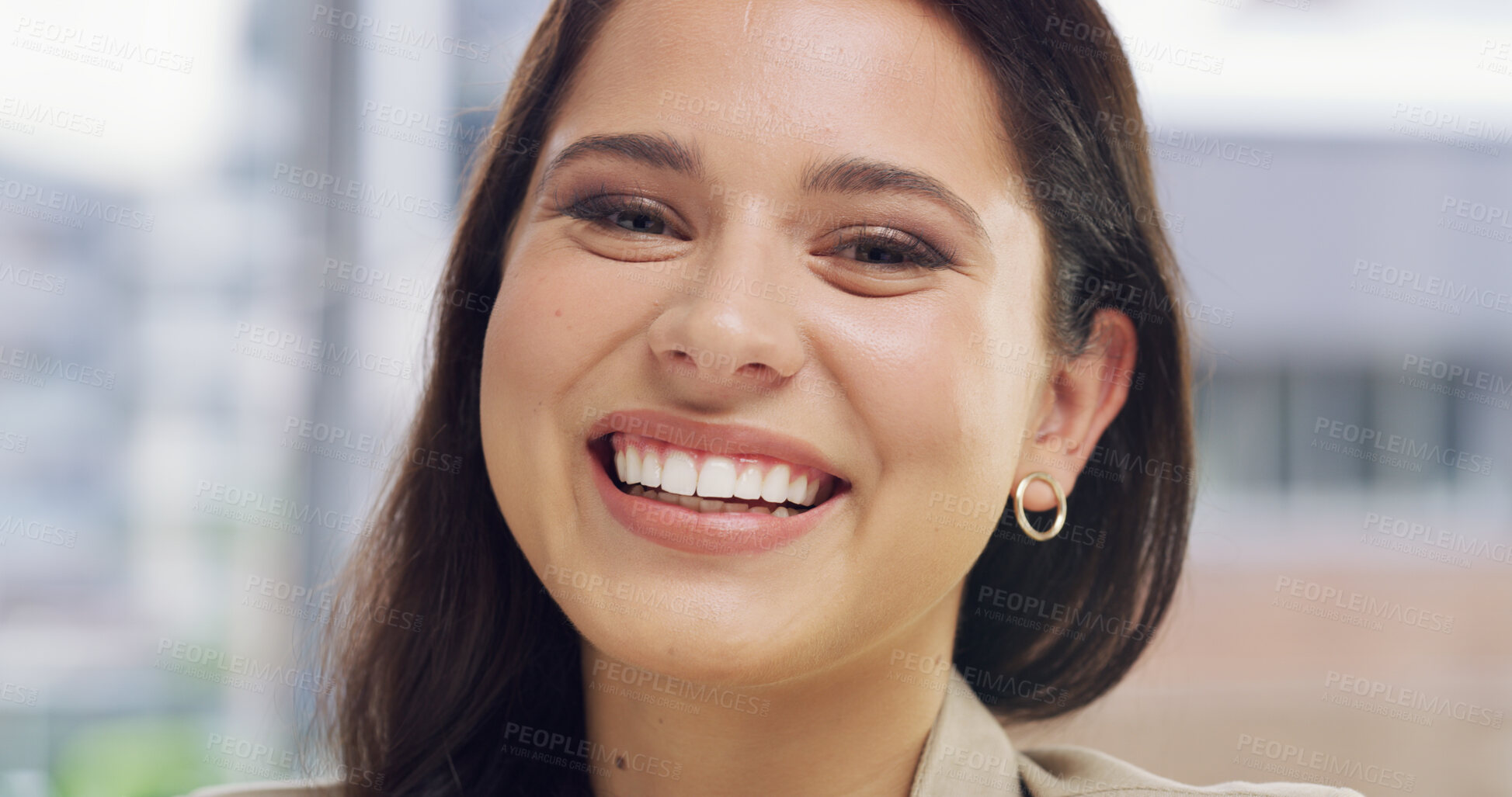 Buy stock photo Laughing, happy and portrait of business woman in office for comic, professional and funny. Commitment, creative startup and comedy with female employee in agency for entrepreneur, pride and joke