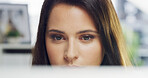 Business, thinking and woman in office, ideas and contemplation with website info for article. Journalist, employee and consultant with review, thoughtful and problem solving with email and planning