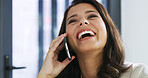 Happy woman, laughing and funny conversation with phone call for business humor or comedy at office. Face, female person and smile with mobile smartphone for fun discussion or friendly chat at work