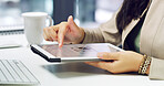 Office, tablet screen and hands of business person on website for SEO research, online project and digital marketing. Creative, professional and worker on tech for information, internet and planning