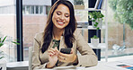 Happy woman, business or chatting with phone for communication, browsing or social media at office. Female person, employee or creative designer with smile on mobile smartphone for online texting app
