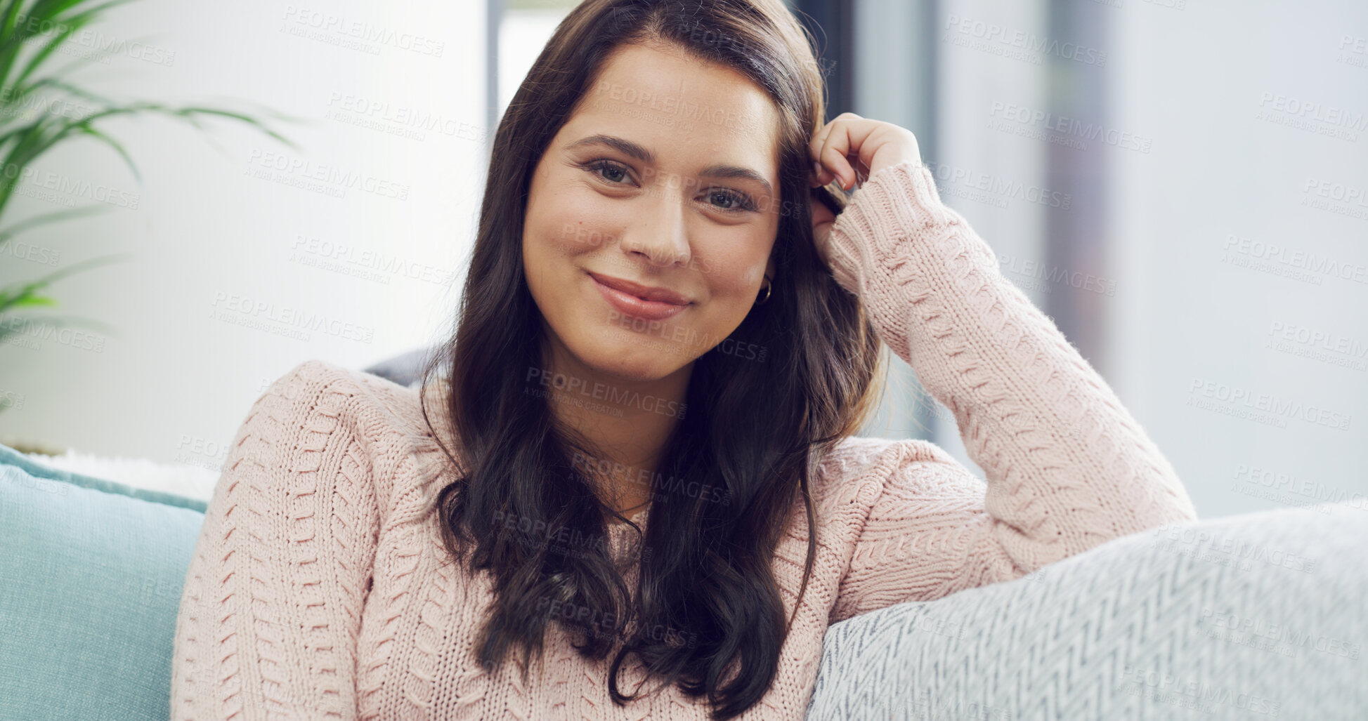 Buy stock photo Sofa, relax and portrait of woman in home with smile for break, resting and comfortable in morning. Living room, apartment and face of person on couch for wellness, chilling and peace on weekend