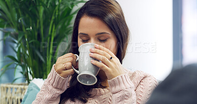 Buy stock photo Morning, eyes closed and woman with coffee on sofa with caffeine beverage, warm drink and cappuccino. Apartment, home and person with mug in living room with calm, peace and relaxing on weekend