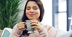 Relax, happy and woman with coffee on sofa with caffeine beverage, warm drink and cappuccino aroma. Apartment, home and person with mug in living room with satisfaction, calm and peace on weekend
