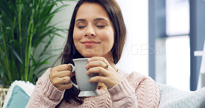 Buy stock photo Relax, happy and woman with coffee on sofa with caffeine beverage, warm drink and cappuccino aroma. Apartment, home and person with mug in living room with satisfaction, calm and peace on weekend