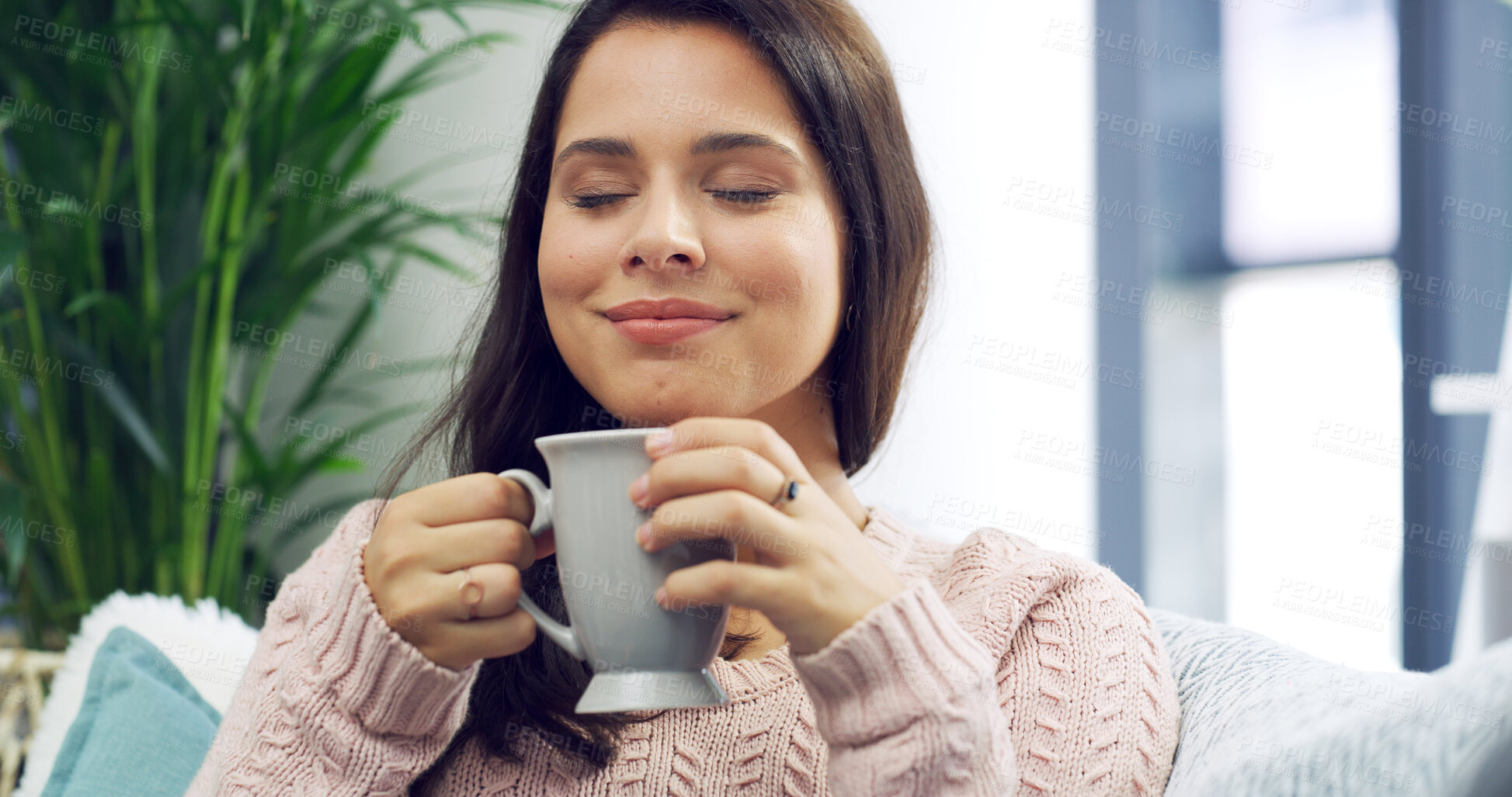 Buy stock photo Relax, happy and woman with coffee on sofa with caffeine beverage, warm drink and cappuccino aroma. Apartment, home and person with mug in living room with satisfaction, calm and peace on weekend