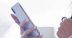 Phone, typing and hand of woman in home with online chat, schedule or social media search. Smartphone, relax and closeup of person with mobile app for digital notes, planning or networking connection