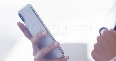 Buy stock photo Phone, typing and hand of woman in home with online chat, schedule or social media search. Smartphone, relax and closeup of person with mobile app for digital notes, planning or networking connection