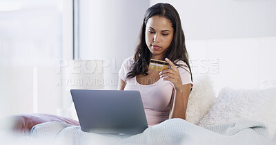Buy stock photo Online shopping, laptop and woman with credit card in bedroom for internet banking, payment and store website. Morning, home and person with debit info on computer for purchase, sales and ecommerce
