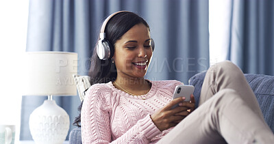 Buy stock photo Woman, relax and headphones with phone at house for streaming, listening to music and chat. Smile, person and mobile internet for podcast audio, sound app and download radio of weekend entertainment