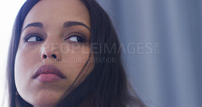 Buy stock photo Thinking, sad and face of girl with depression in home for emotional memory, lonely and bored in bedroom. Unhappy, mental health and thoughtful person with anxiety, overwhelmed and worry in house