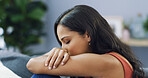 Relax, tired and woman on sofa in home with sleeping in afternoon in living room for calm. Peaceful, rest and female person with nap for fatigue, exhaustion or comfort in lounge in apartment.