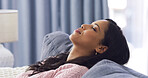 Fatigue, woman and sleeping to relax at house for afternoon nap, weekend break and comfort in lounge. Female person, asleep and rest with eyes closed of self care, recovery and stress relief on couch