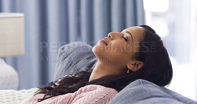 Buy stock photo Fatigue, woman and sleeping to relax at house for afternoon nap, weekend break and comfort in lounge. Female person, asleep and rest with eyes closed of self care, recovery and stress relief on couch
